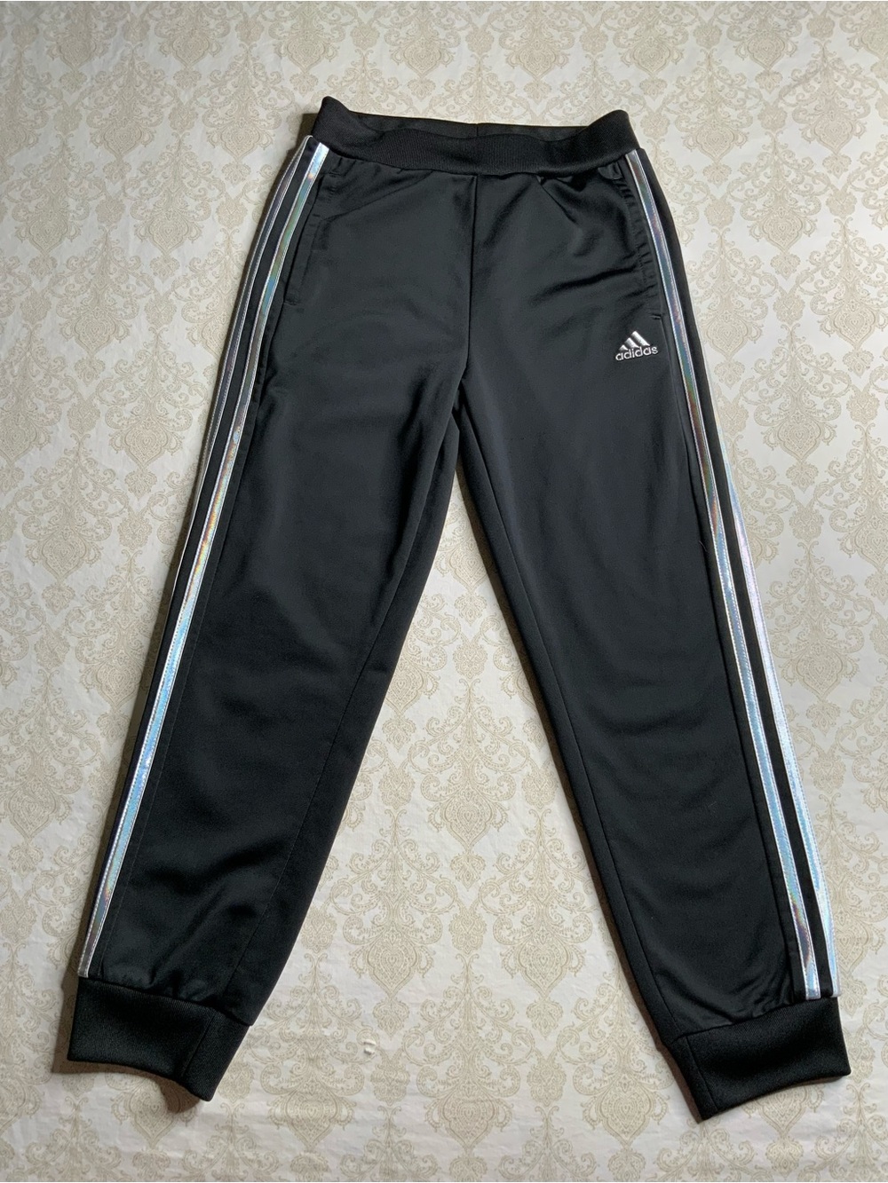 Girls Adidas Tricot Jogger Pants Size 7/8 Black Holographic Stripe